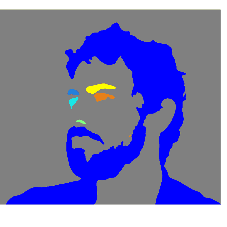 The mask with each connected region tinted a different colour: one large region and six small facial features